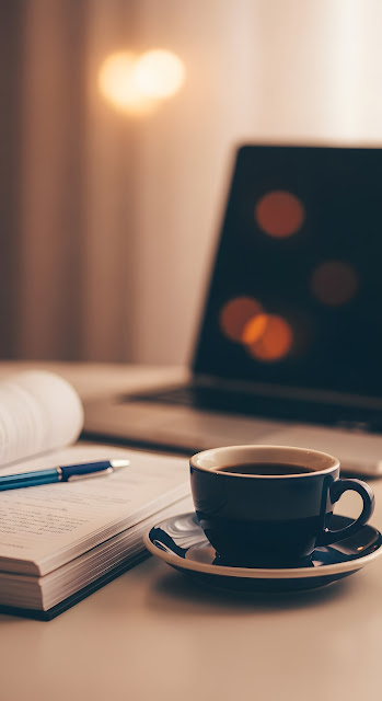 Shallow Depth-of-Field Photo of a Dark Coffee Cup, Notes, and Laptop on a Wood Desk - Free mobile Wallpaper