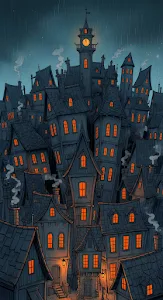 Dark Gothic Townscape Under Rainy Night Sky Illustration