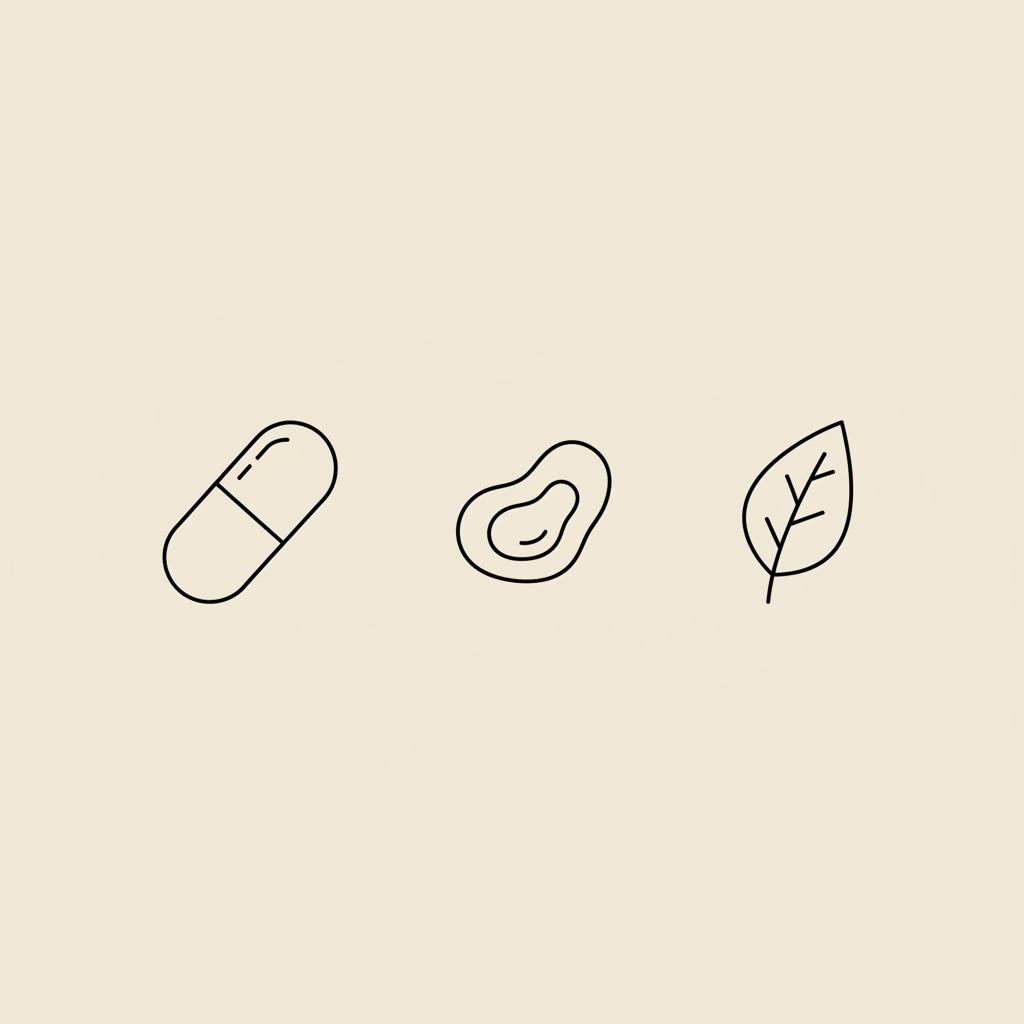 Minimal Tonum-style 2D vector of three thin black line icons — capsule, abstract placenta-like shape, and leaf on beige background, illustrating NAD+ and pregnancy
