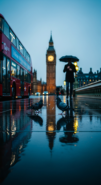 Close-up of Pigeons and Bus on Rainy Westminster Bridge with Big Ben in Background - Free mobile Wallpaper