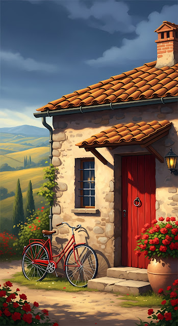 Red Bicycle at a Rustic Tuscan Villa with Golden Hills - Free mobile Wallpaper