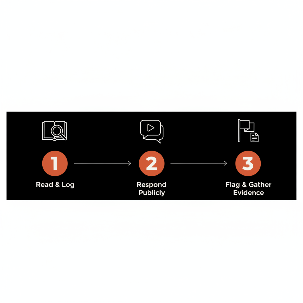 Minimal full-frame infographic for negative Google review response: three-step flow—Read & Log, Respond Publicly, Flag & Gather Evidence—on black background with brand colors and simple vector icons.