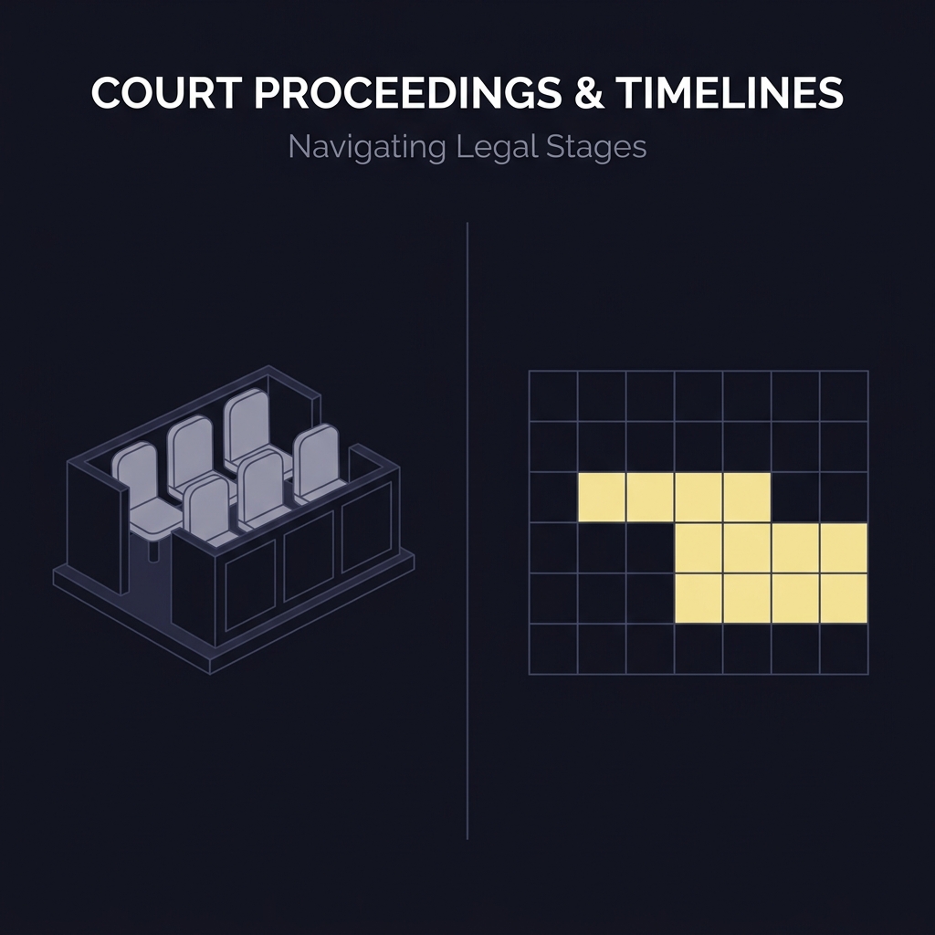 Split 2D vector showing an empty jury box and a calendar highlighting disposition timelines illustrating How Judges and Location Can Affect Decisions in a minimalist Funded Plays color palette