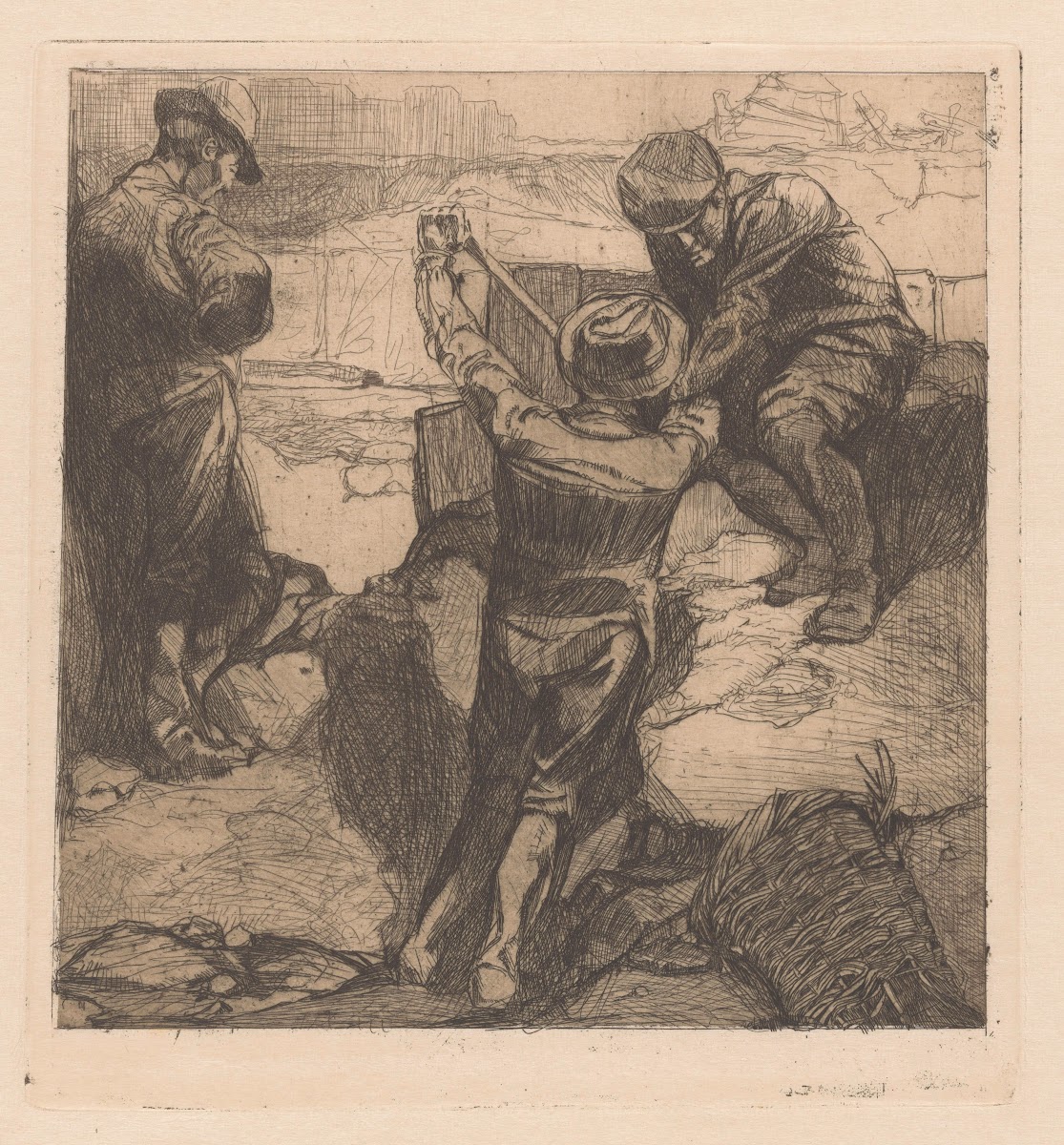 Drie arbeiders aan het werk
