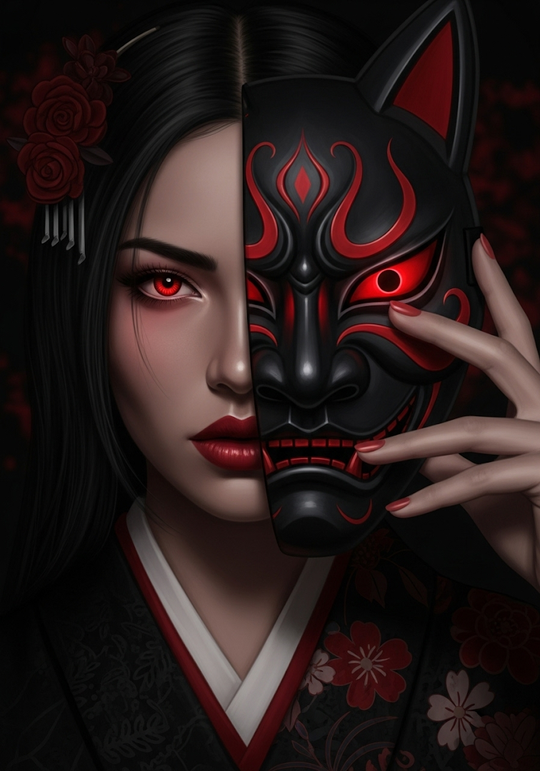 Mysterious Japanese Hannya Mask Red Eyes Portrait