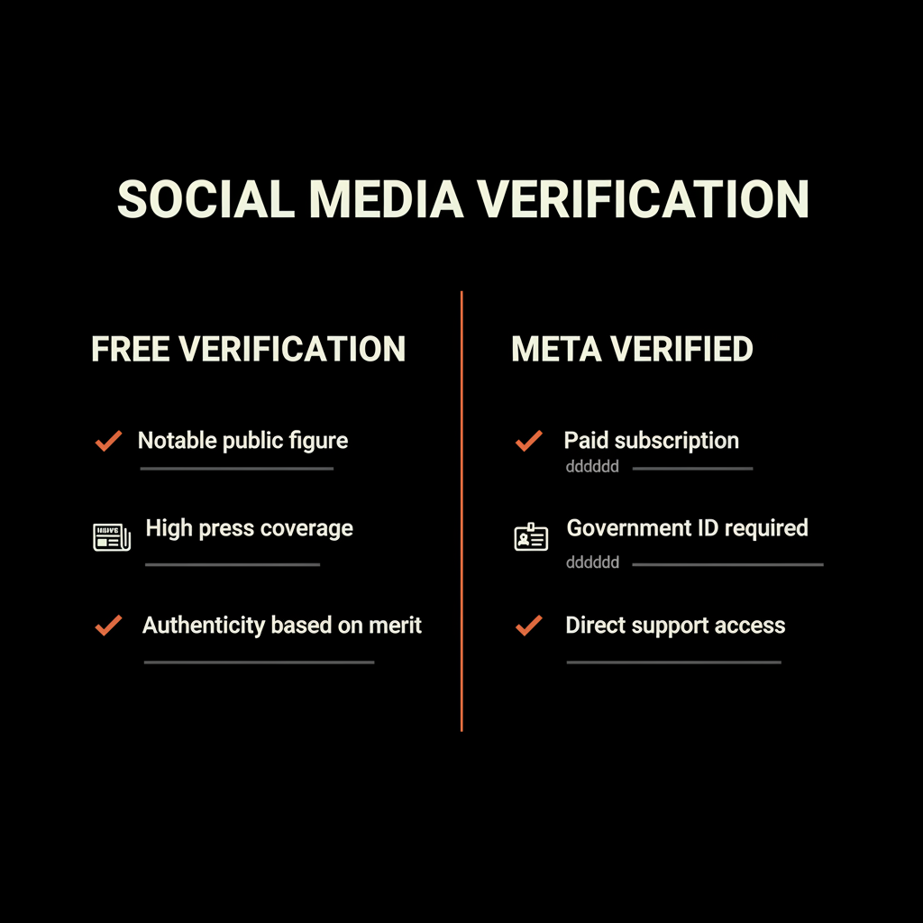 Minimal side-by-side infographic comparing Free verification vs Meta Verified with newspaper and ID-card icons, brand colors and clear labels — Instagram blue tick cost