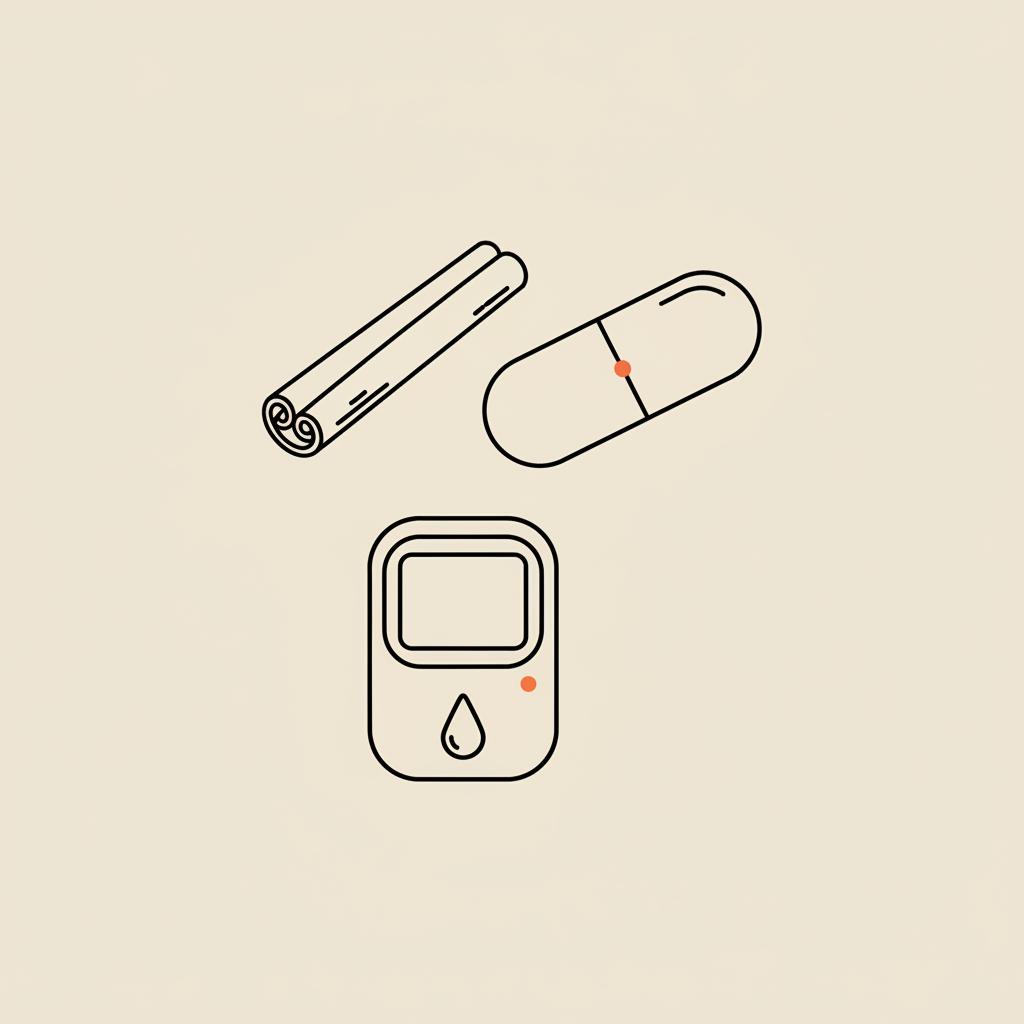 Minimal Tonum-style line illustration of a cinnamon stick, a capsule, and a simple glucometer on beige background, representing a cinnamon trick for diabetes