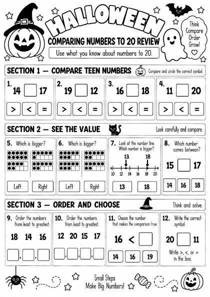 Halloween Comparing Numbers to 20 Review