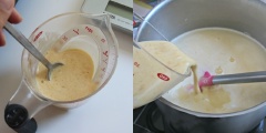 Trong một bát nhỏ, cho xoài xay nhuyễn vào trộn với sữa đặc rồi đổ vào hỗn hợp ở bước 1, khuấy đều tay. Đổ thạch vào khuôn hoặc ly thủy tinh rồi cho vào tủ lạnh ít nhất 30 phút. Nhớ là chỉ đổ vào ½ khuôn thôi để còn đổ lớp thạch thứ hai nhé!