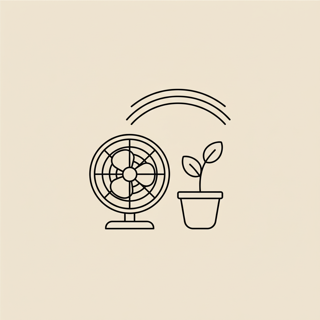 Minimalist Tonum-style line illustration of a fan, small plant and stylized sound wave on beige background representing L-carnitine hair