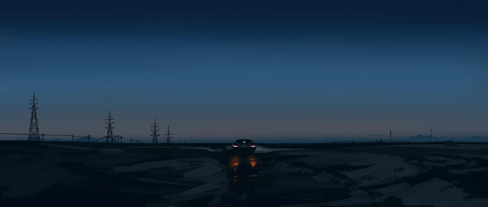 Lone Car Under Twilight Sky - Digital Painting 4K Wallpaper (5640x2400)