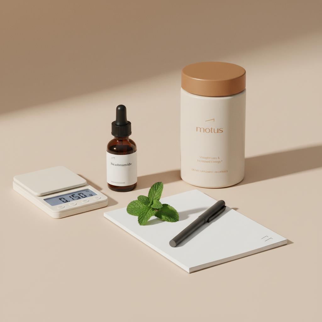 Minimal clinical still-life of a Tonum supplement container beside an amber bottle labeled 'Nicotinamide', digital scale, herbs and notepad on #F2E5D5 background — does nicotinamide increase appetite