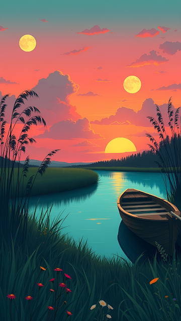 Vibrant Sunset Marsh Illustration with Boat and Dual Moons - Free mobile Wallpaper