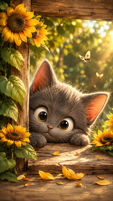 A fluffy grey kitten peeking out from behind wooden beams surrounded by blooming yellow sunflowers in golden sunlight.