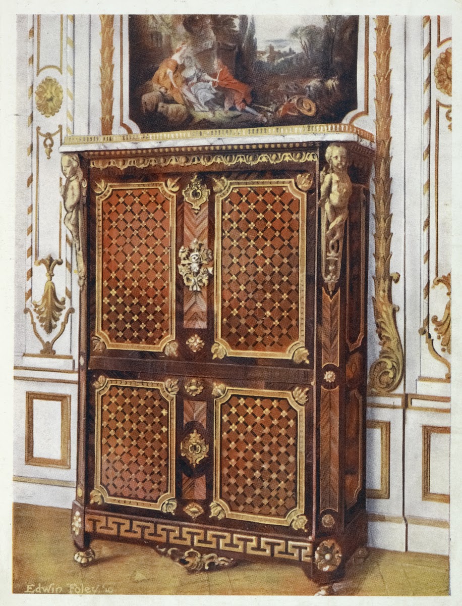 Upright secrétaire in parqueterie of various woods with ormolu mounted rosettes