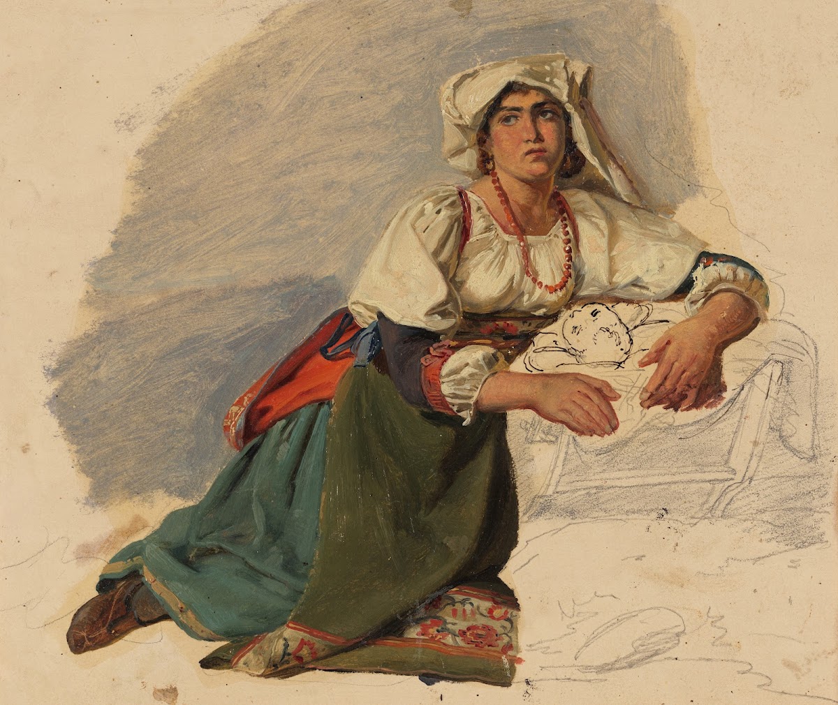 Kniende Italienerin sich über ein Kind beugend 1832 1834