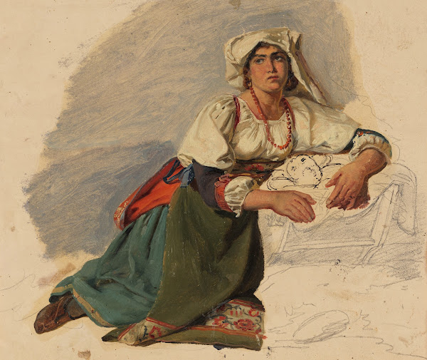 Kniende Italienerin sich über ein Kind beugend 1832 1834
