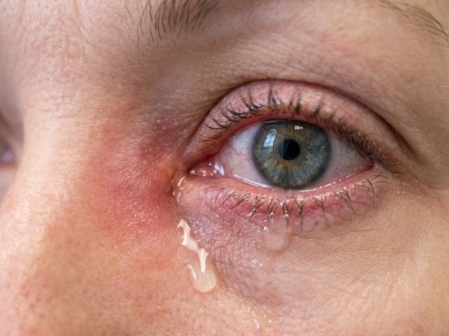Close-up of a watering eye — tear sac area assessment
