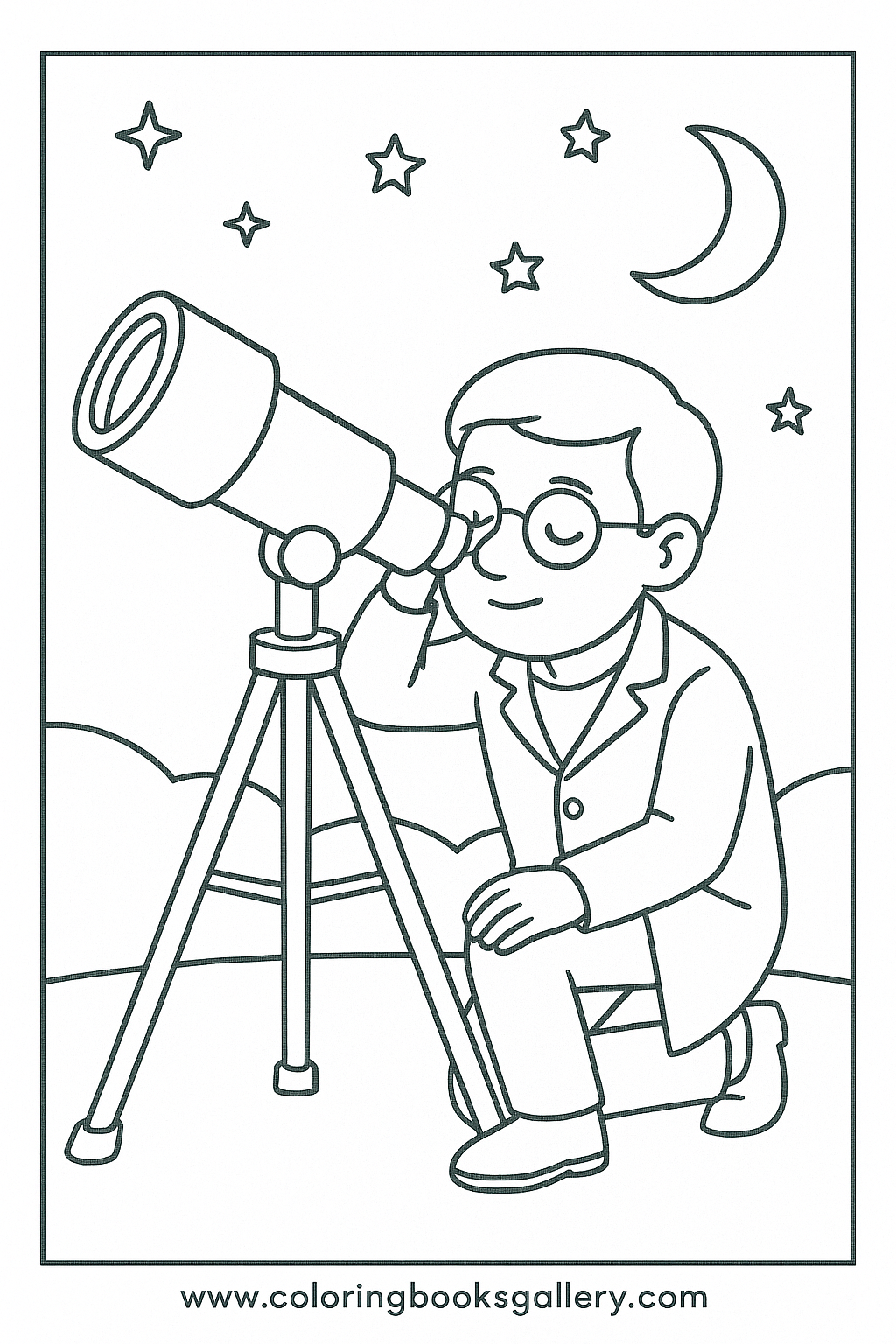 Astronomer looking through telescope – Free Printable Coloring Sheet for Kids and Adults – printable coloring page