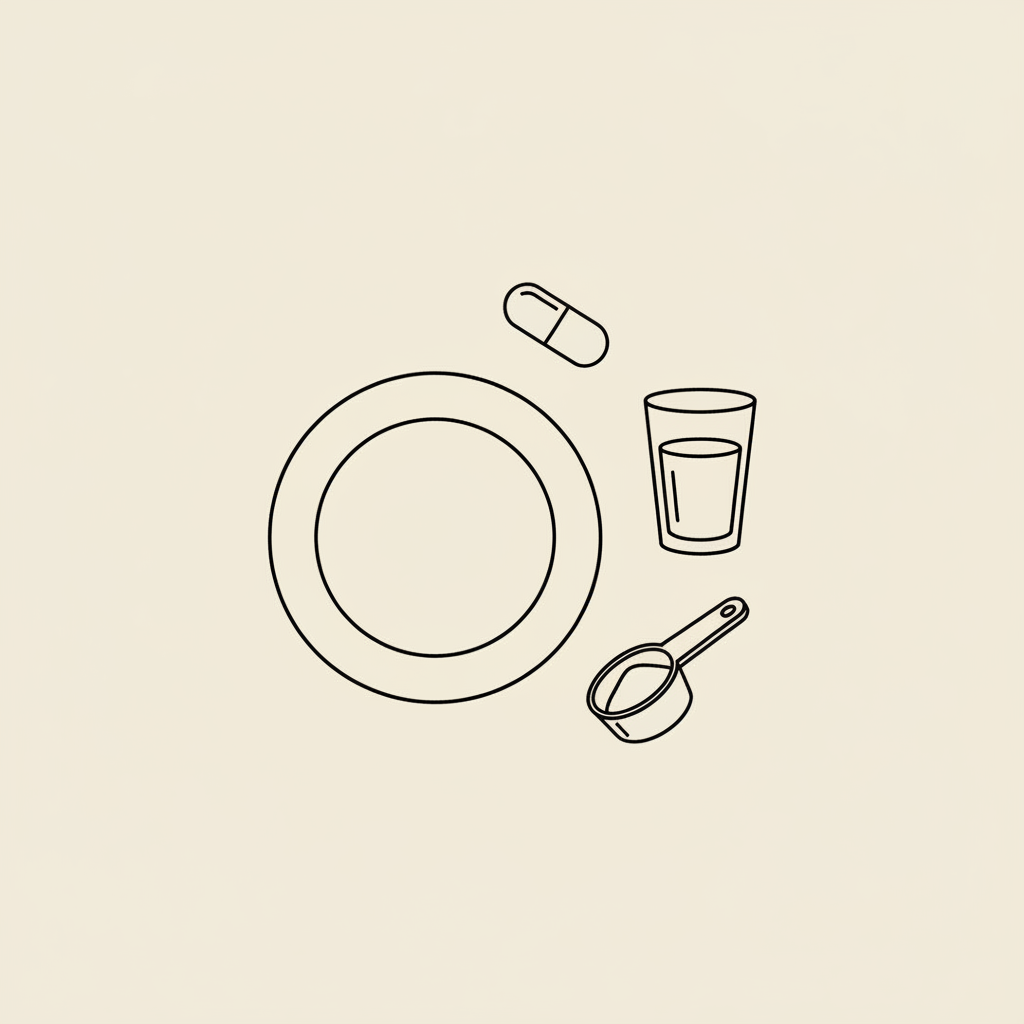Minimalist Tonum-style line illustration of a plate, water glass, capsule and protein scoop on beige background — best protein powder for weight loss