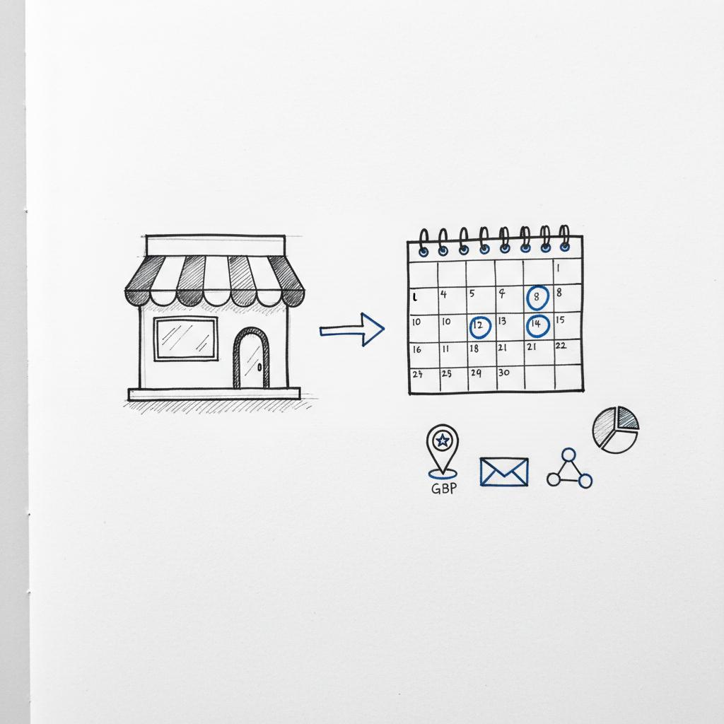 Close-up planner page sketch with storefront icon, calendar with posting days circled, and icons for GBP, email, and social &mdash; visual concept for free advertising for small businesses
