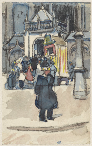 Poppenkast op de Dam voor de Nieuwe Kerk 1884