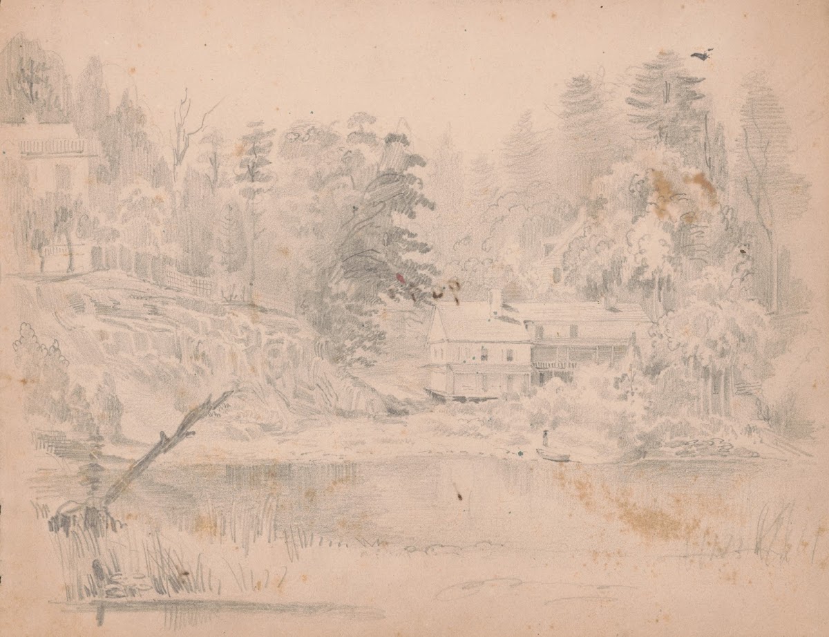 Two houses along a river one up on a rocky embankment 1840 1860