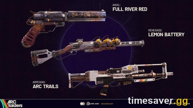 Official ARC Raiders weapon showcase featuring the Anvil, Renegade, and Arpeggio