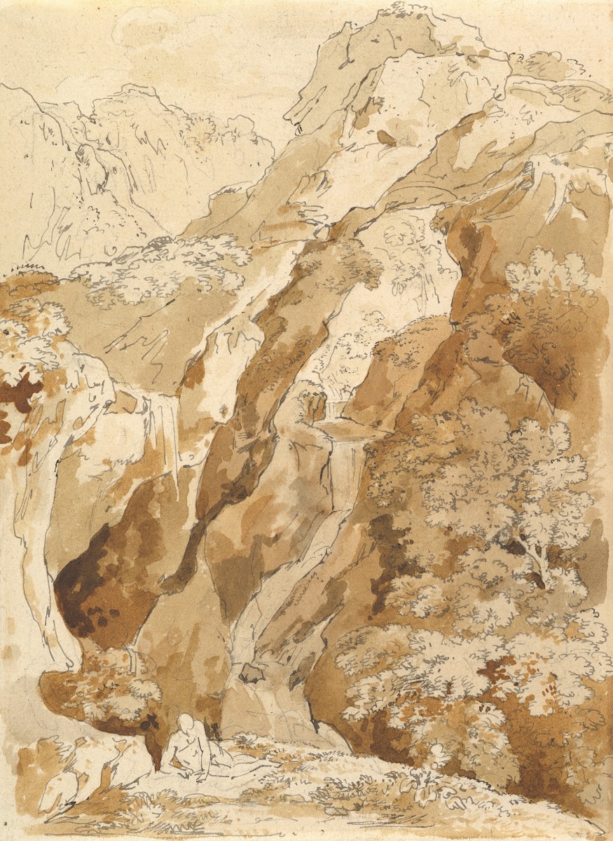 Reclining Man in a Mountainous Landscape with Waterfalls 18th century