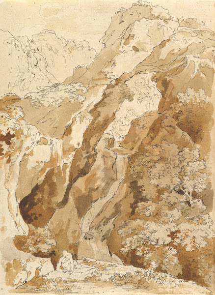 Reclining Man in a Mountainous Landscape with Waterfalls 18th century