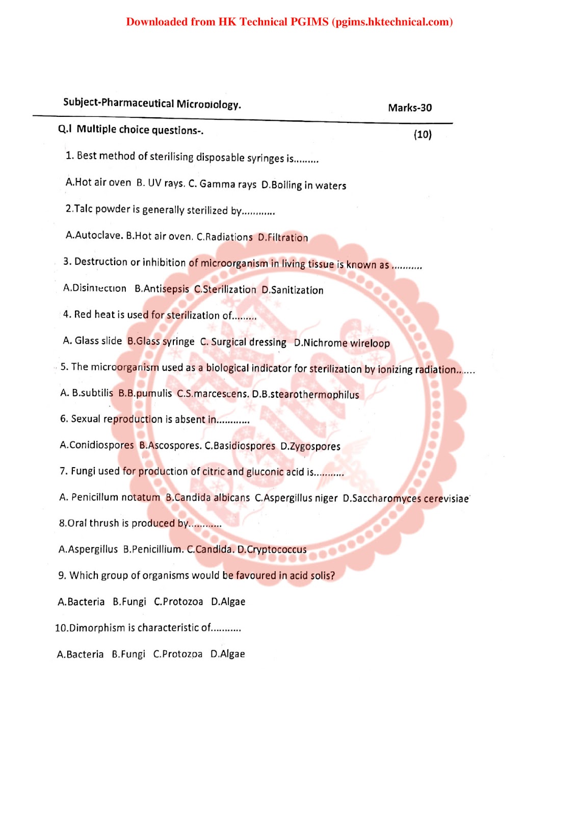 2nd sessional PM S.P.B.C.COP 3rd Semester B.Pharmacy Previous Year's Question Paper,BP303T Pharmaceutical Microbiology,BPharmacy,Previous Year's Question Papers,BPharm 3rd Semester,Sharada kadu - S.P.B.C.COP,