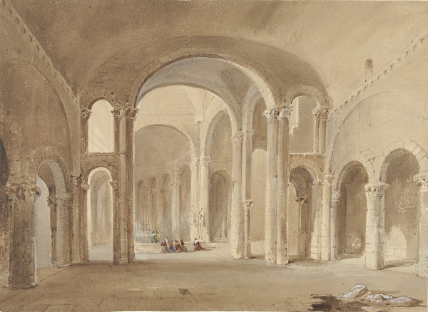 Interieur van S Hilaire te Poitiers met knielende figuren aan de Confessio 1802
