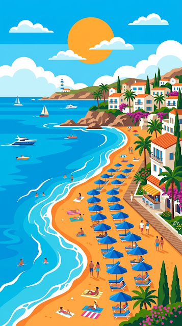 Flat Design Mediterranean Beach Scene with Parasols and Palm Trees - Free mobile Wallpaper