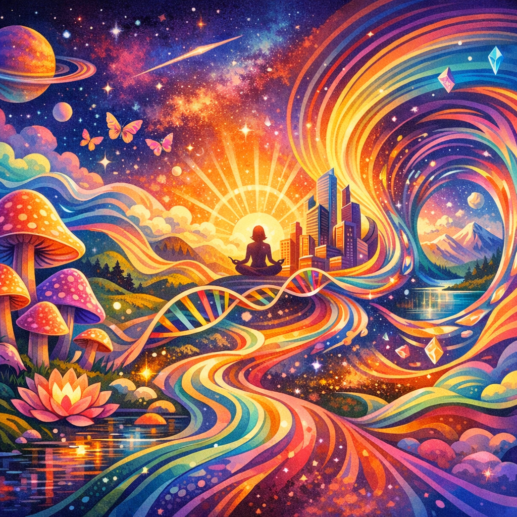 microdosing mushrooms benefits – abstract, lifestyle-inspired interpretation with colorful creative themes