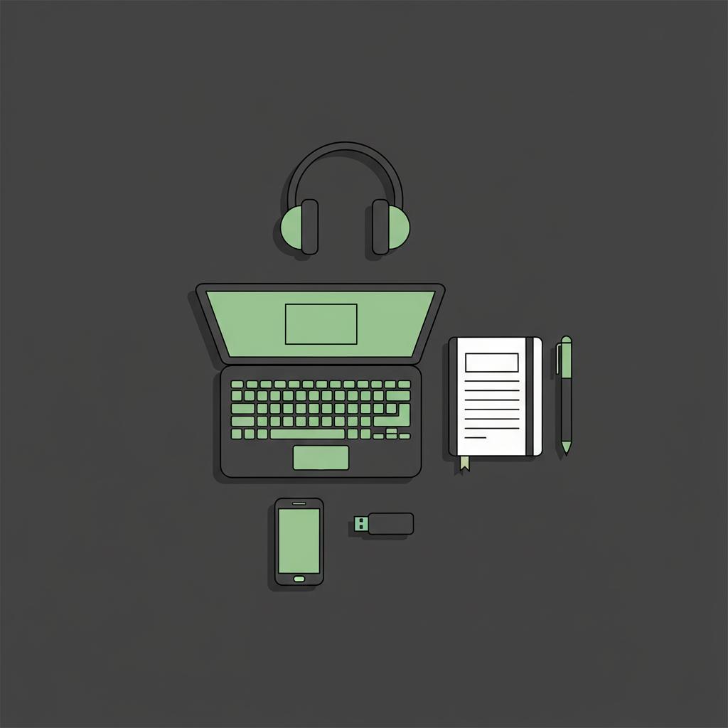 Minimalist 2D vector flat lay of laptop notebook and headphones on dark background representing digital product creation and examples passive income