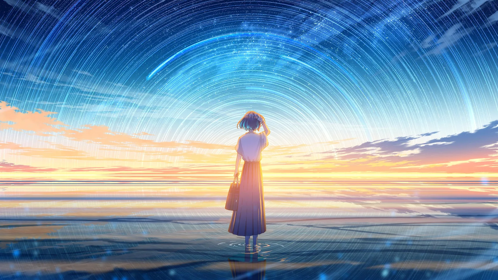 Girl Watching The Starry Sky - Digital Anime Art 4K Wallpaper (3840x2160)