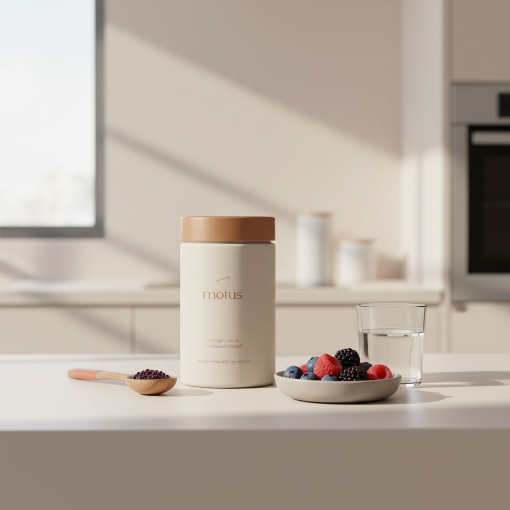 Tonum Motus supplement jar on a minimalist kitchen counter beside a bowl of berries, a glass of water and a measuring spoon, bright clinical-meets-lifestyle scene illustrating cons of Lumen for a wellness article.