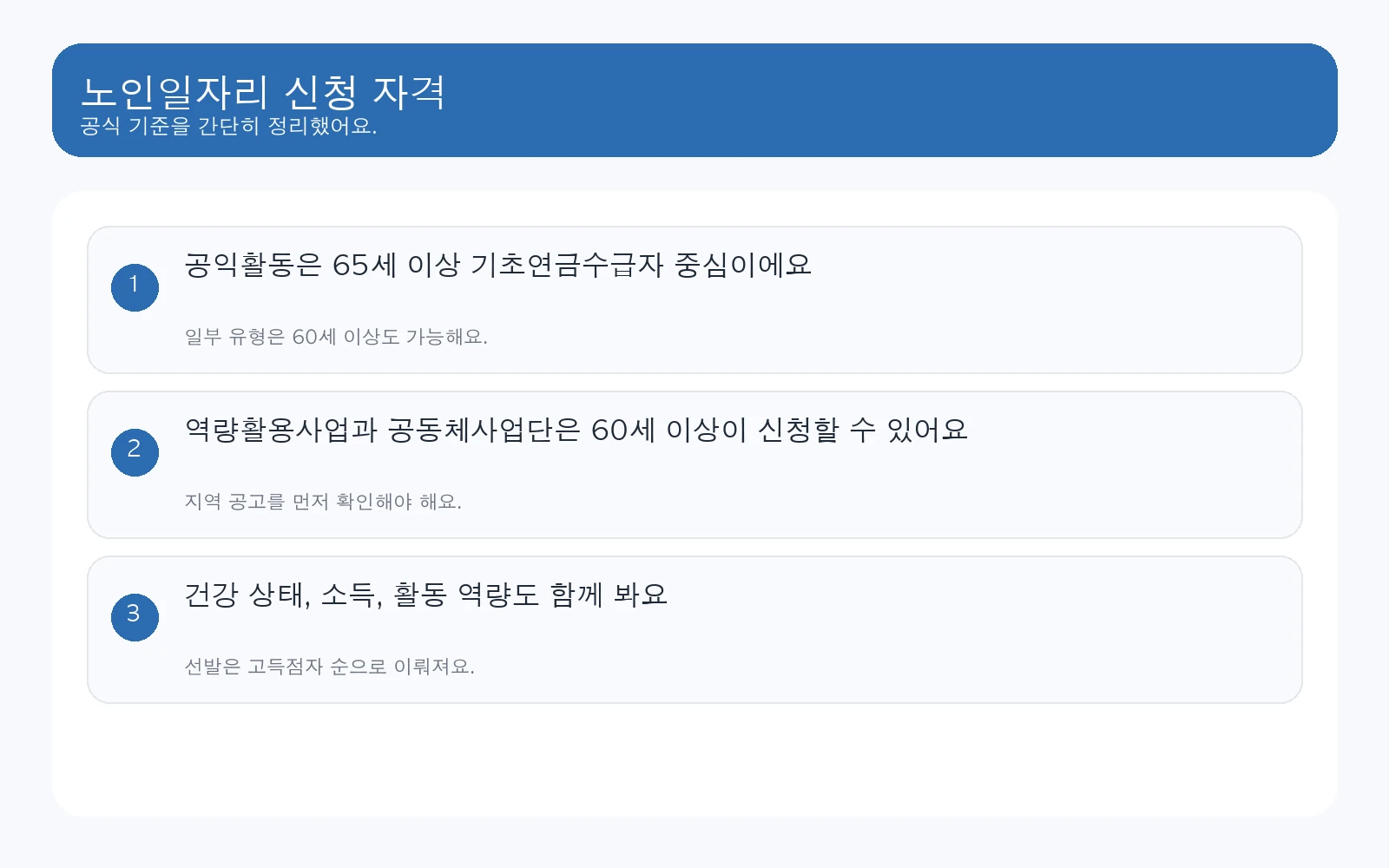 노인일자리 자격 조건 요약 인포그래픽