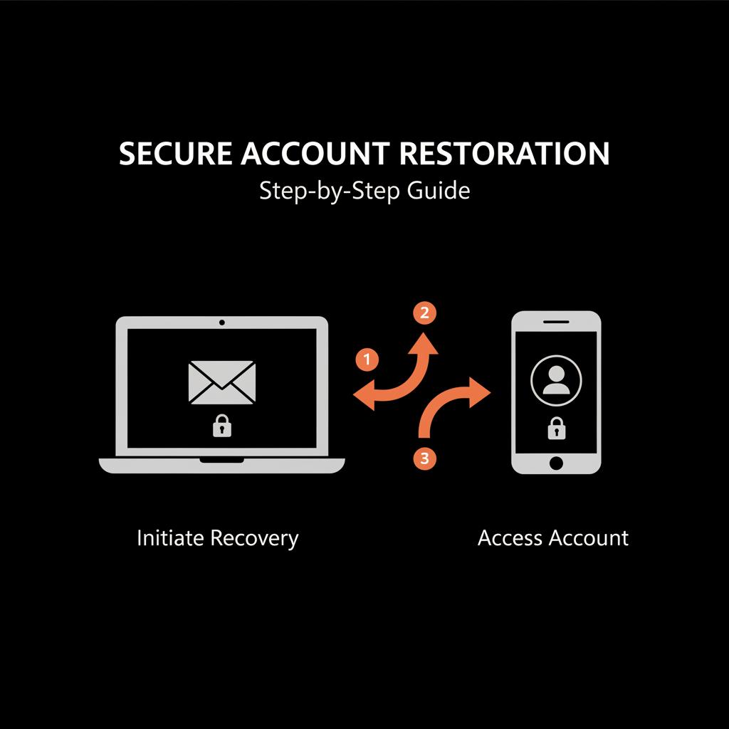 Minimal vector infographic of a laptop and smartphone with a padlock and arrows showing three-step flow to recover Gmail password on a black background with gray icons and orange callouts