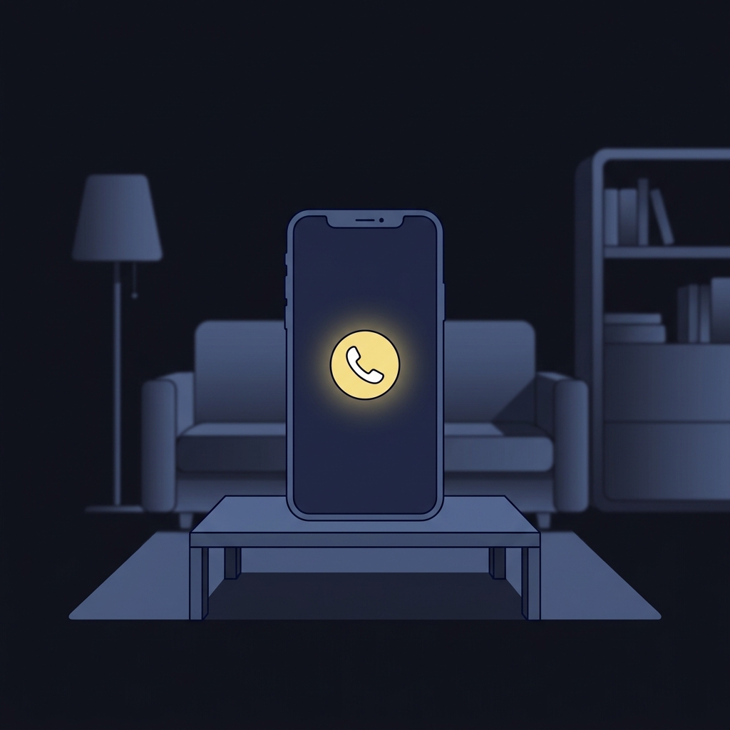 Minimalist 2D vector showing a smartphone with a highlighted call icon in a blurred living room scene suggesting a support helpline and recognizing signs of chasing behavior