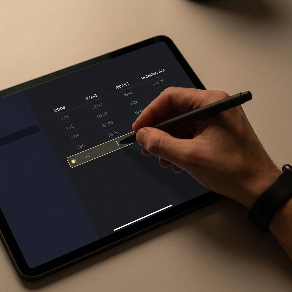 Close up of a hand recording wagers in a clean ledger showing odds stake result and running ROI on a Funded Plays style dark background 1bettor sports