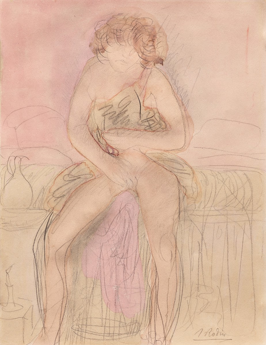 Femme assise sur un lit avec carafe et bougeoir 1900