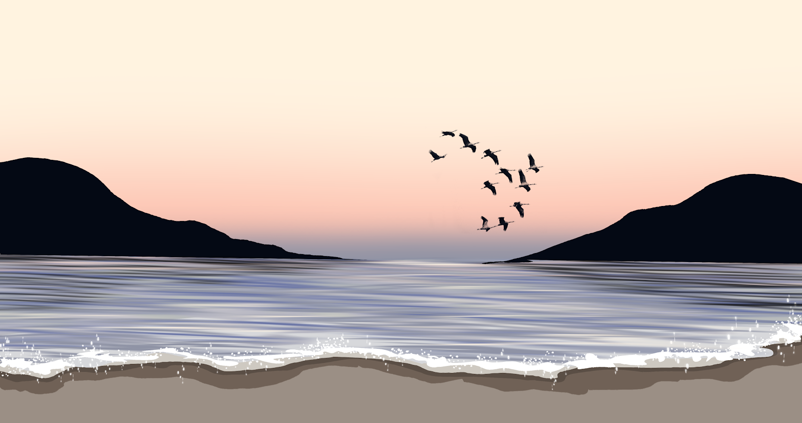 Birds Flying Over Sunset Bay - Vector Illustration 4K Wallpaper (4096x2160)