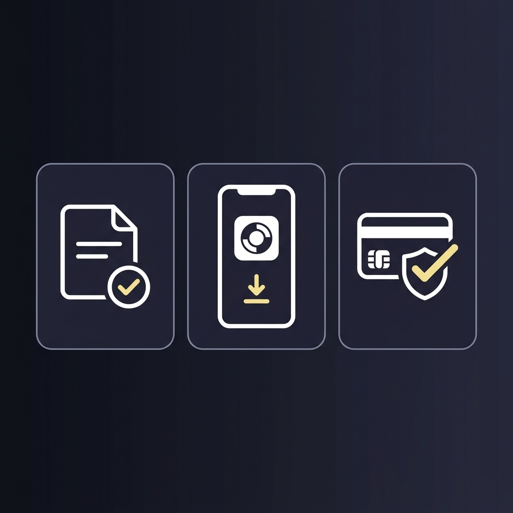 Minimalist 2D vector checklist showing licence verification app store availability and payment verification for bookmaker eu mobile app on dark Funded Plays brand background