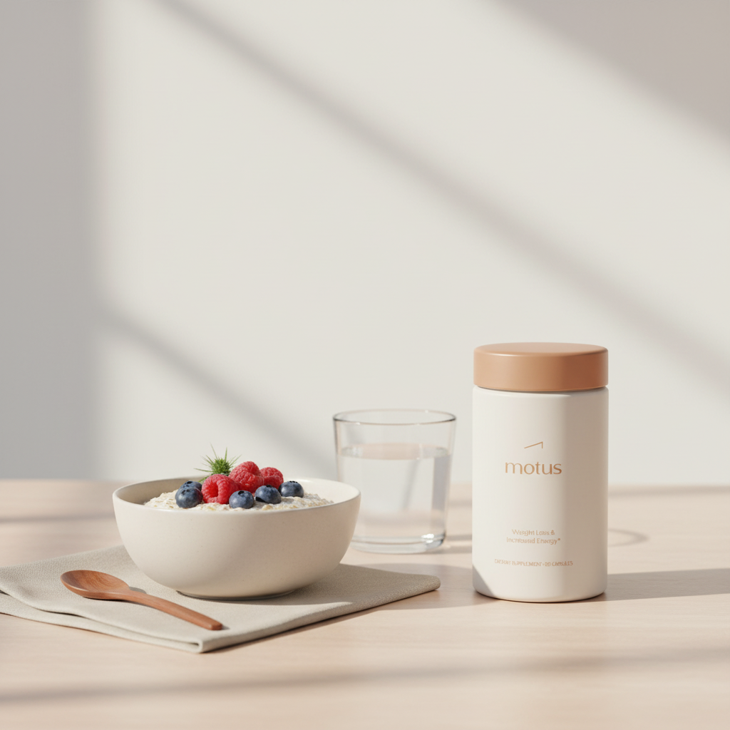 Motus supplement bottle beside a bowl of oats with berries and a milk thistle sprig on a Tonum #F2E5D5 background — minimalist nutrition coach weight-loss still-life