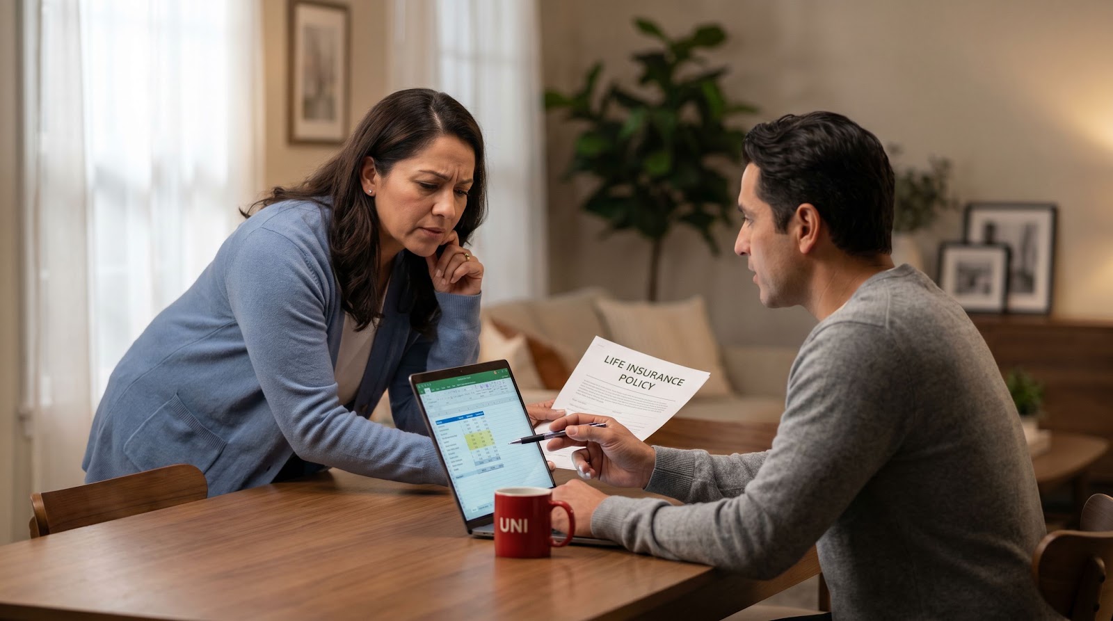 Hispanic couple at home comparing coverage costs for stay at home mom life insurance Florida