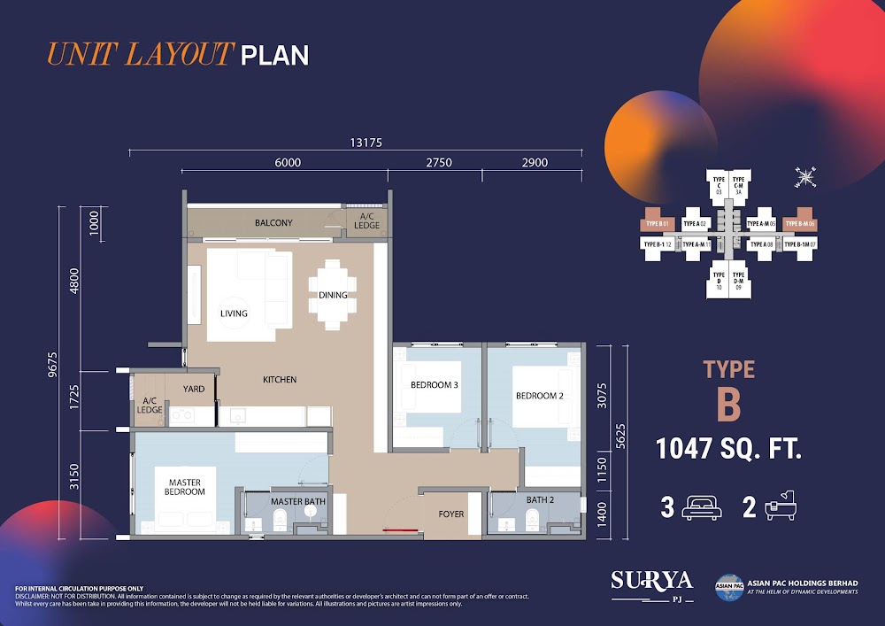 Dwi Aurora Type B floor plan — 1054 sq ft, 3 bedrooms
