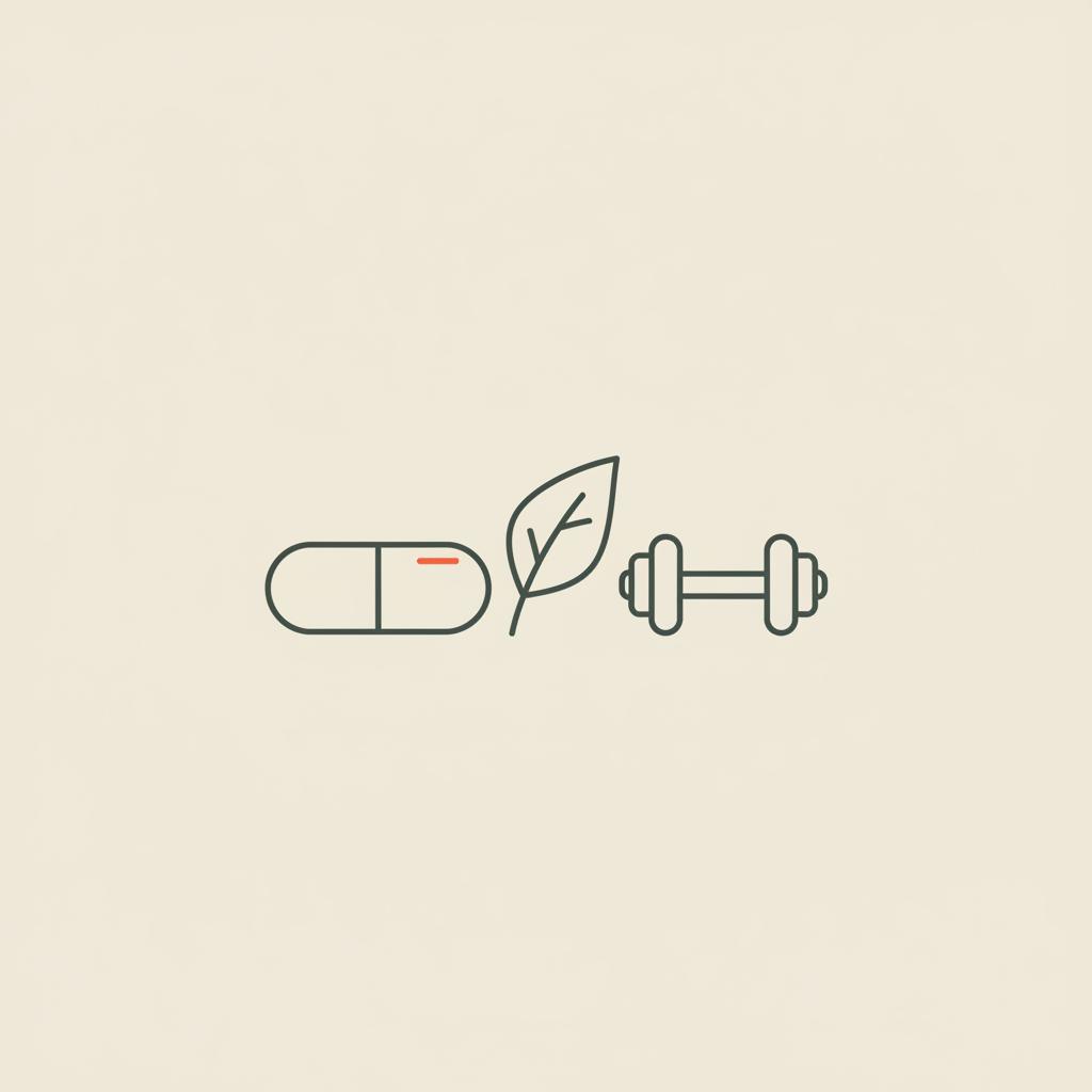Minimal Tonum-style line illustration of a capsule, leaf, and small dumbbell on beige background symbolizing supplement, nature and movement — does taurine help you lose weight?