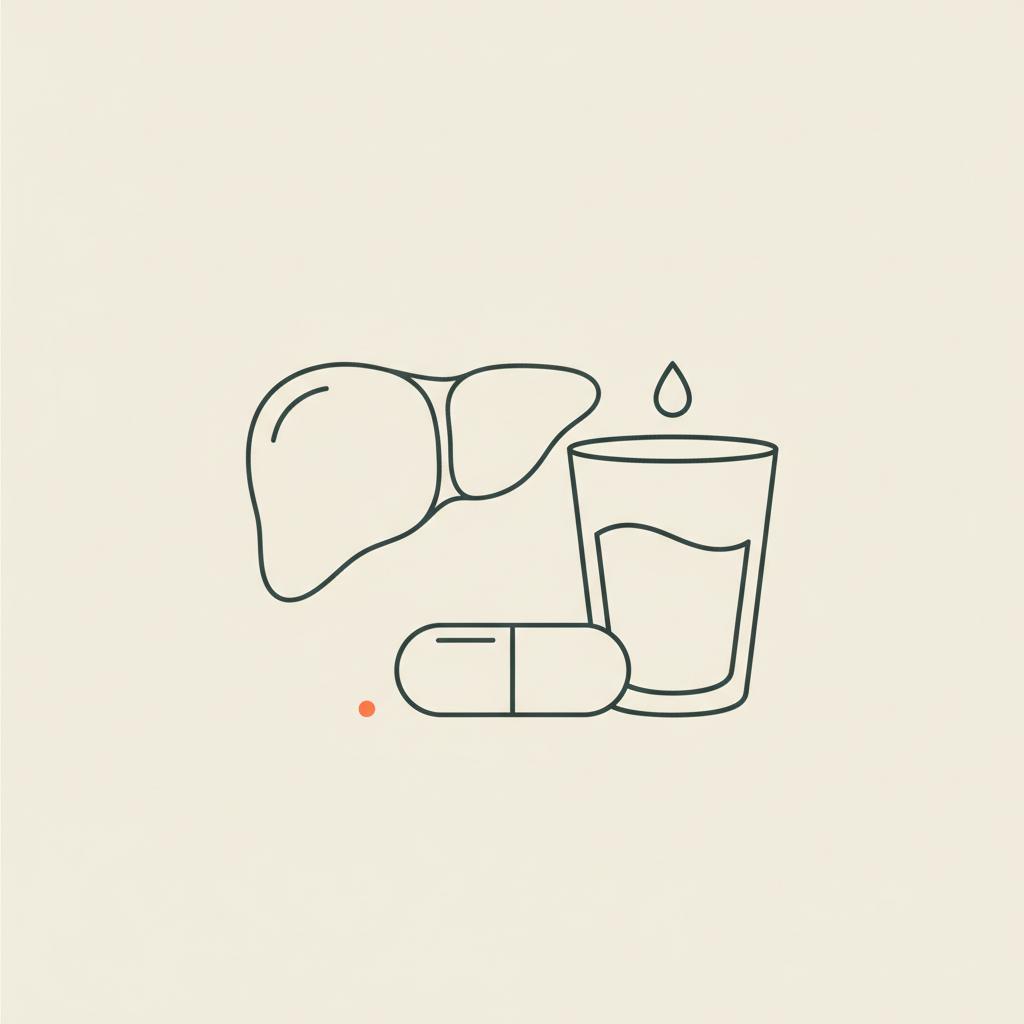 Minimalist vector line illustration of a stylized liver, water glass, and capsule on beige background representing fatty liver disease causes and liver health.