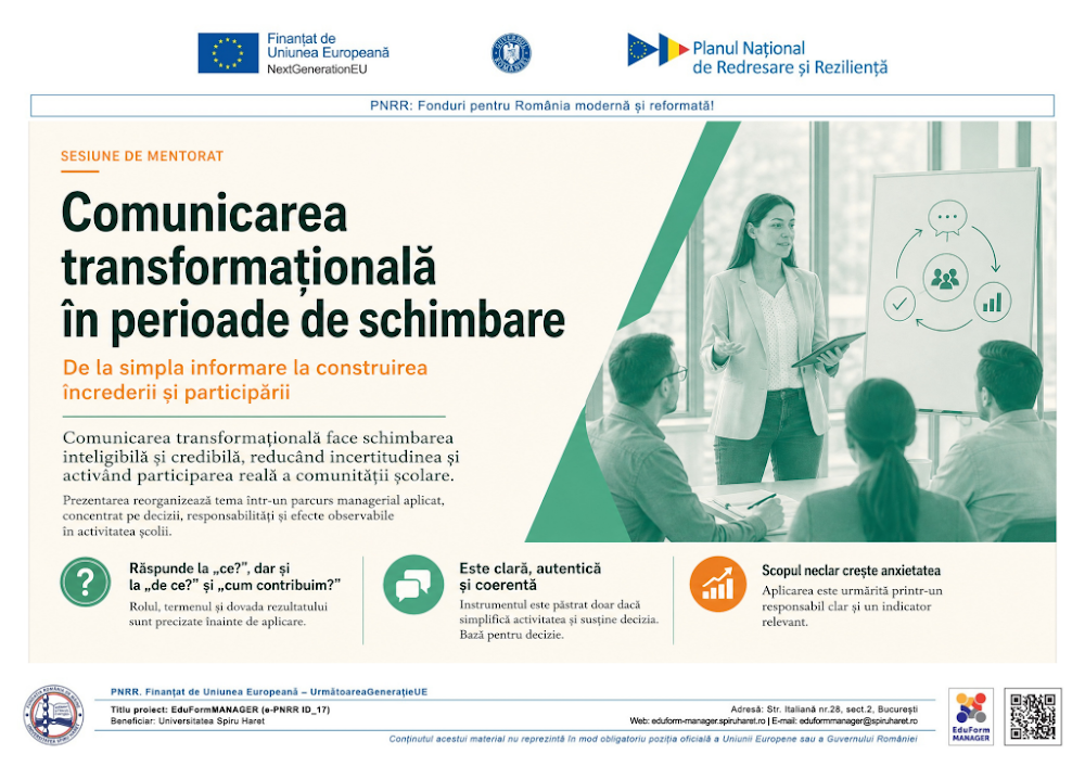 Coperta ghidului Comunicarea transformațională în perioade de schimbare - dezvoltarea unei comunicări care generează încredere și implicare
